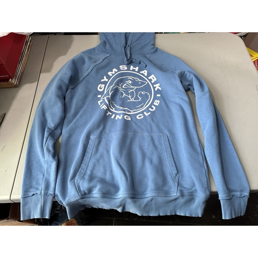 Gymshark Legacy Hoodie Mens M Blue Lifting Club Shark Graphic Fleece